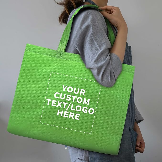 DISCOUNT PROMOS Custom Jumbo Sized Tote Bags Set of 10, Personalized Bulk Pack - Reusable Grocery Bags, Shopping Bags, Promotional Item Totes for Women - Lime Green