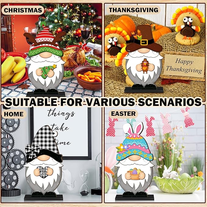 Blulu 34 Pcs Christmas Interchangeable Wooden Gnome Decor DIY Holiday Christmas Seasonal Tiered Tray Decoration Gnomes with Magnet Pieces Welcome Sign for Xmas Holiday Decorations (Classic)