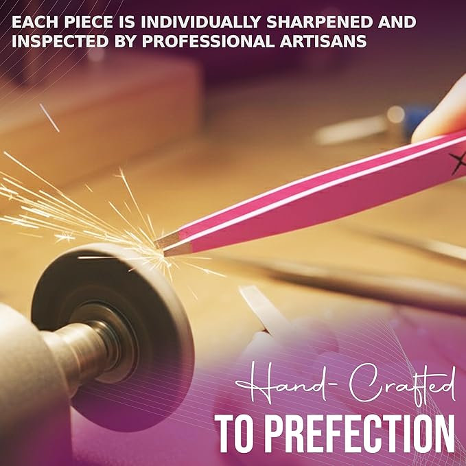 Slanted Stainless Steel Tweezers for Men & Women - Precision Eyebrow Tweezers for Facial Hairs, Strong Grip, Fine Tip, Professional Tweezer for Plucking & Grooming (Pink)
