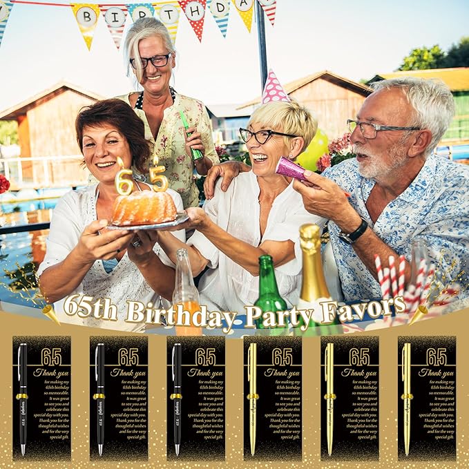 25 Sets 65th Birthday Party Favors for Guests with Black and Gold Birthday Ballpoint Pens and Glitter Thank You Cards for Women Men Anniversary Party Appreciation Gifts
