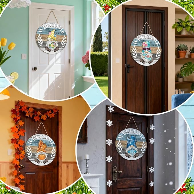 Qunclay Interchangeable Wooden Gnome Decor Holiday Seasonal Gnome Decorations with Magnet Pieces and Detachable Hats Changeable Welcome Sign for Home(Watercolor)