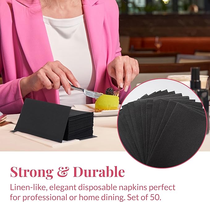 Prestee Black Dinner Napkins Disposable - Soft and Absorbent Paper Hand Towels for Dinner Parties and All Types Events - Pre folded Linen-Feel Paper Towels - Convenient -7.8" x 4" - 50 Count