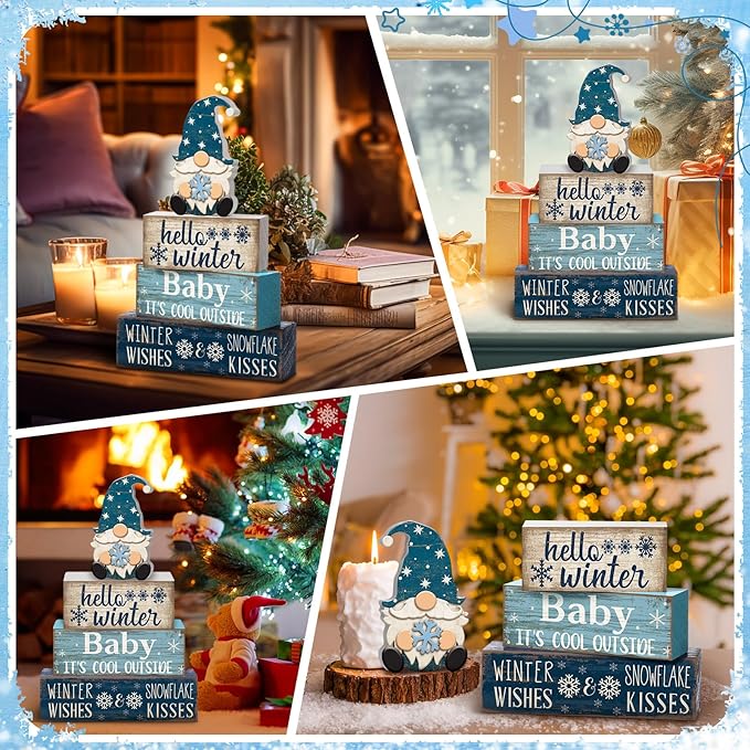 4 Pcs Winter Table Decorations Blue and White Gnome Snowflake Decor Winter Tiered Tray Decor Christmas Centerpiece for Tables Wooden Decorative Gnome Signs Gifts for Kitchen Office Home