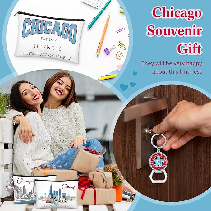 Landical 6 Sets Chicago Souvenir Gifts Include 6 Pcs Chicago Cosmetic Bag and 6 Pcs Metal Keychain for Women Traveler Christmas Party Gifts