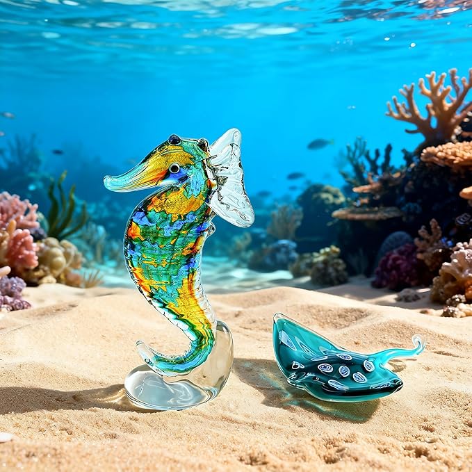 QFkris 8" Handmade Blown Glass Blue Seahorse Figurines Collectible Art Glass Blown Animal Sculpture for Home Decor