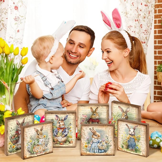 Wenqik 8 Pcs Vintage Easter Decorations Retro Bunny Egg Wooden Sign Easter Table Centerpiece Rustic Ornaments Tiered Tray Decor Sign for Spring Home Tabletop Fireplace Decorations Supplies, 8 Styles
