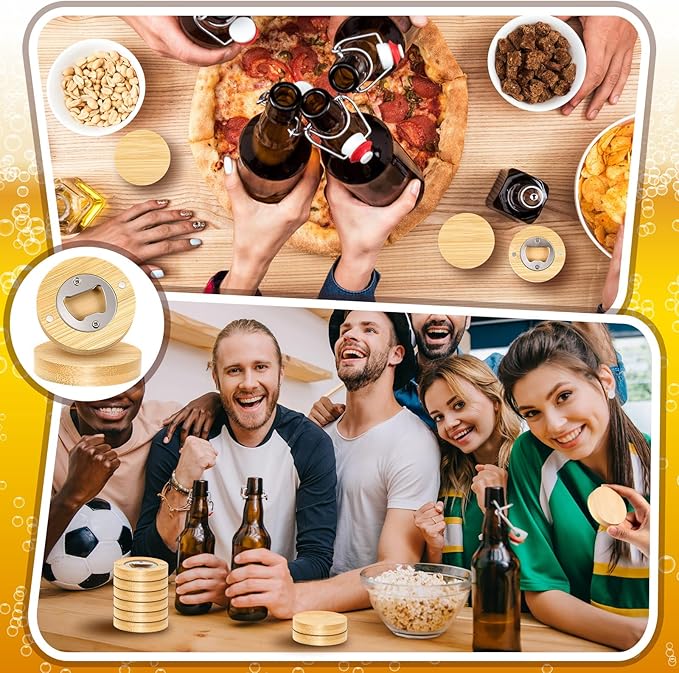 Vesici 24 Pcs Magnetic Bottle Opener 2.5in DIY Bamboo Round Shape Beer Openers Wooden Fridge Magnet Refrigerator Sticker Gift for Beer Lover Wedding Guest Kitchens Bars Parties