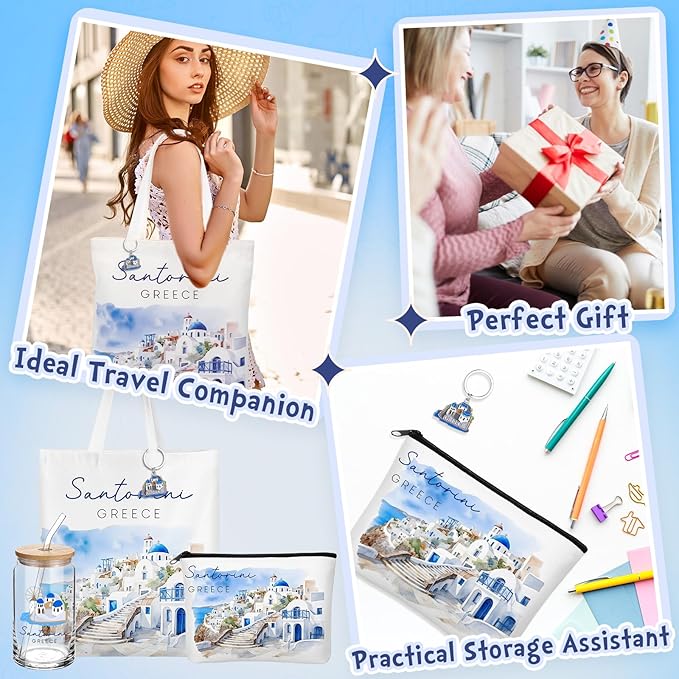 Chuangdi 4 Pcs Greece Souvenirs Gifts Set Canvas Bag Cosmetic Bag 16 oz Tumbler and Keychain Greece City Travel Gifts for Friend Lover Sister Traveler