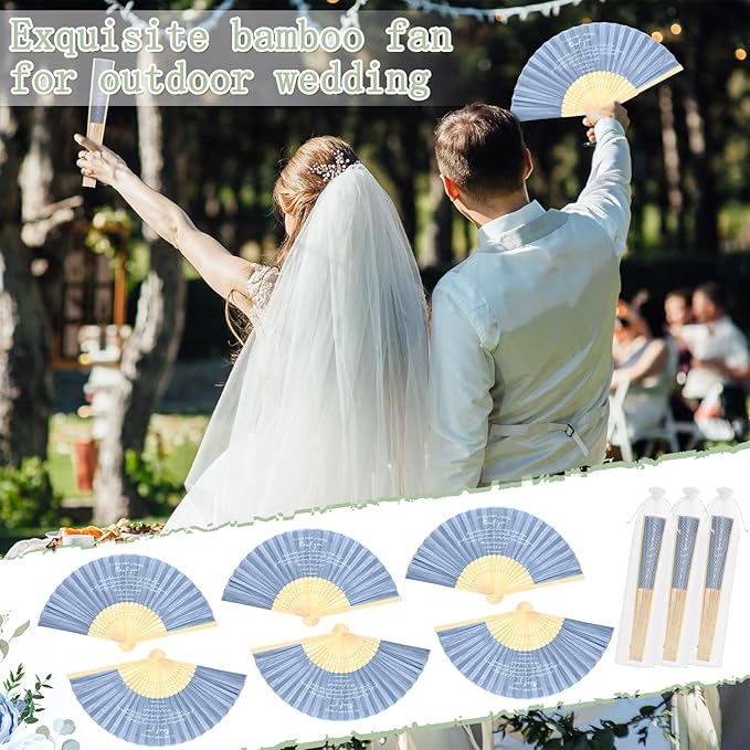Menkxi 30 Pcs Silk Fabric Folding Fans Bulk for Wedding Guests Thank You Bamboo Folded Hand Fan for Bridal Shower Decoration Favor Vintage Handheld Fans Souvenirs with Organza Bag (Haze Blue,Classic)