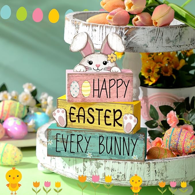 4 Pcs Easter Table Decorations Bunny Tiered Tray Decor Wooden Bunny Block Signs Gifts Happy Easter Centerpiece for Tables Wood Rabbit Tabletop Signs for Kitchen Home Shelf Office Decor