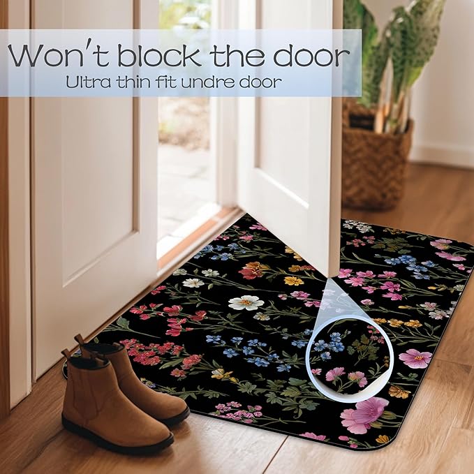 Groovy Flowers Bathroom Rug 29.5"x17", Super Absorbent Fast Drying Bath Mat with Non-Slip Rubber Backing, Thin Low-Profile Easy-Clean Bathroom Floor Mat for Shower or Tub