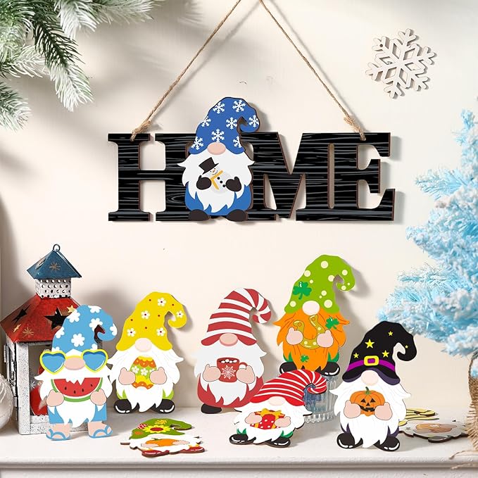 Yookeer 13 Pcs Interchangeable Gnome Home Sign Wood 3D Christmas Winter Seasonal Door Decor Rustic Farmhouse Home Decoration for Holiday Wall Decor Gift(Black and White Stripes)