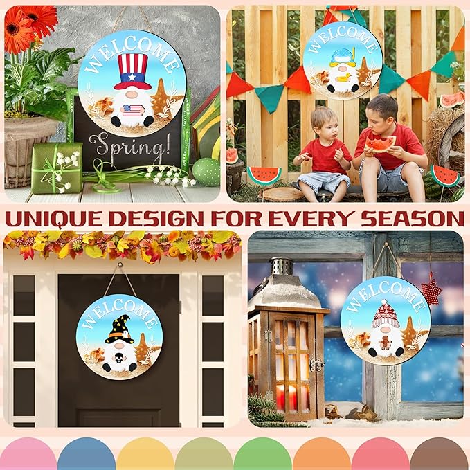 Seasonal Gnome Wall Decor Set, 11.8 inch Autumn Wooden Round Sign with Interchangeable Holiday Hats, Welcome Door Hanging (Blue-3)