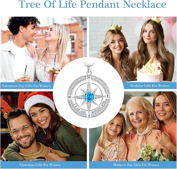 S925 Necklace Birthstone Compass Gift for Women Jewelry Sterling Silver Necklace for Wife Wedding Anniversary Girlfriend Birthday Gifts for Her Valentines Day Mom Mothers Day