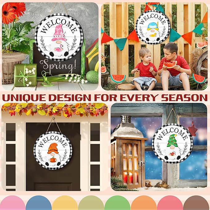 Seasonal Gnome Wall Decor Set, 11.8 inch Halloween Wooden Round Sign with Interchangeable Holiday Hats, Welcome Door Hanging (White-3)