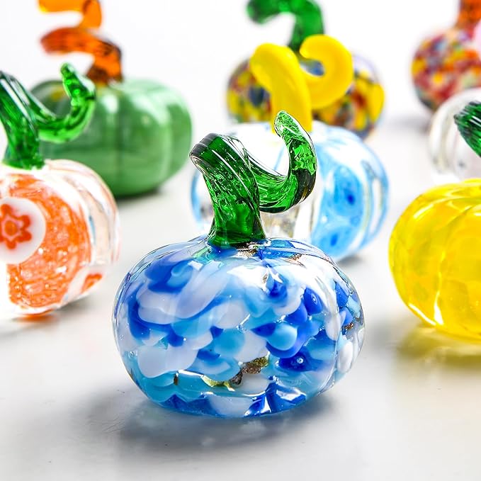 12PCS Glass Pumpkins Figurines for Halloween Thanksgiving Fall Harvest Christmas Decoration, Small Crystal Glass Art Pumpkin Paperweight Gifts