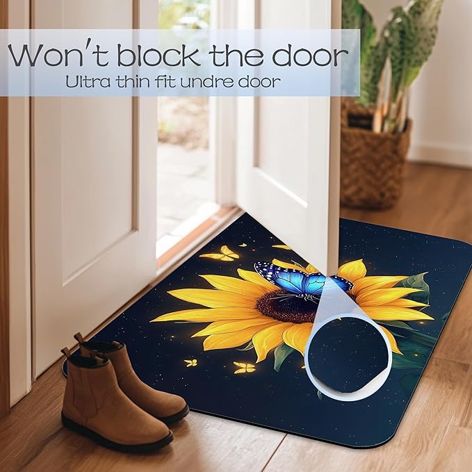 Sunflowers in The Night Sky Bath Mat 29.5"x17"Butterflies Slim Low-Profile Fast Drying Super Absorbent Bathroom Rug with Non-Slip Backing, Easy-Clean Modern Floor Mat for Tub, Shower, or Entryway