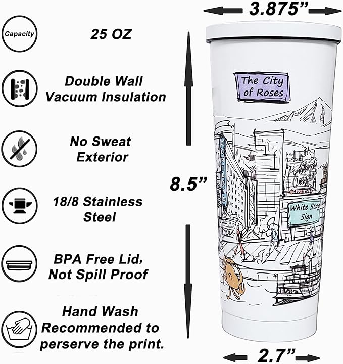 Cities Around the World 25 Oz Tumbler Series- Designed in the USA- Vacuum Insulated Tumbler with Lids Straw - Stainless Steel Coffee Water Travel Mug, Cup for Hot Cold Drink (Portland)