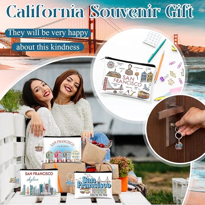 Landical 6 Sets San Francisco Souvenir Gifts Include 6 Pcs San Francisco Cosmetic Bag and 6 Pcs Metal Keychain for Women Traveler Christmas Gifts