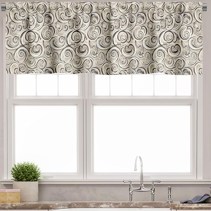 Ambesonne Abstract Valance & Tier Curtain 3 pcs Set, Modern Abstract Wind in The Desert Theme Swirly Illustration Print, Window Treatments for Kitchen Room Decor, 55" x 36", Dusk Dark Taupe Off White