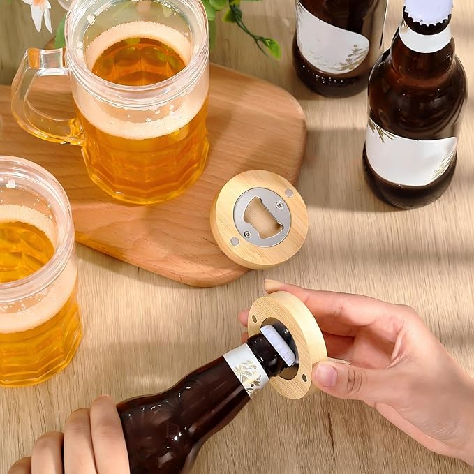 Vesici 100 Pcs Magnetic Bottle Opener 2.5in DIY Bamboo Round Shape Beer Openers Wooden Fridge Magnet Refrigerator Sticker Gift for Beer Lover Wedding Guest Kitchens Bars Parties
