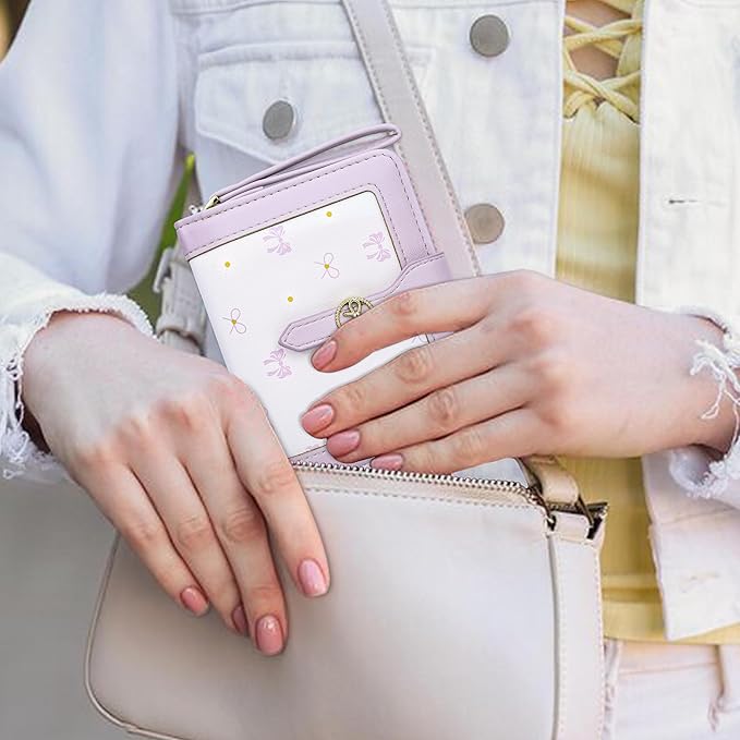 Womens Wallet Cute Small Purple Coquette Bow Wallets for Women with Bow Stuff Credit Card Holder and ID Window Kawaii Travel Cash Wallet for Ladies