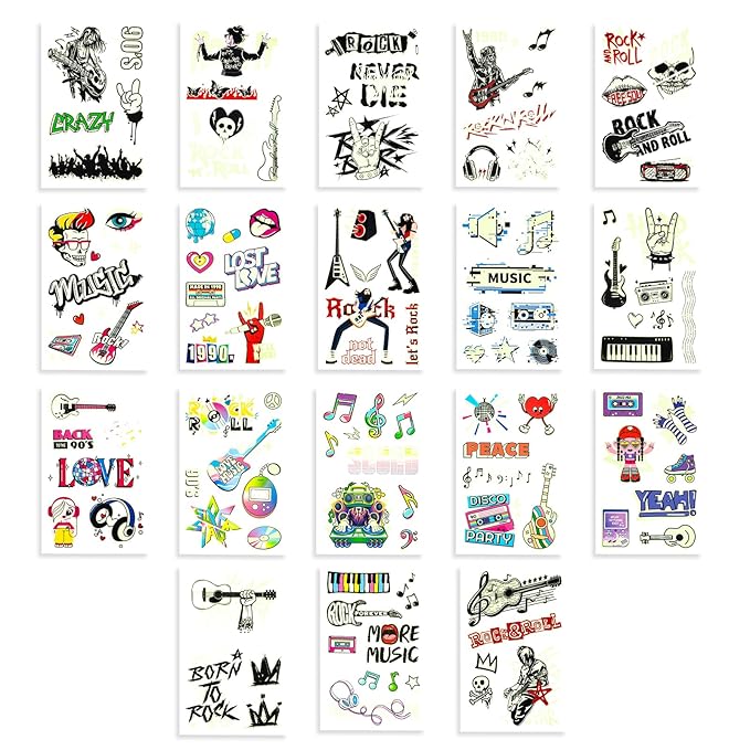 Rock and Roll Temporary Tattoos for Women Teens, Y2K 90s Music Party Favors, Waterproof Fake Tattoo Stickers with Guitar Skull Cassette Graffiti Designs for Concert Festival Rave Accessories