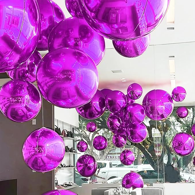 12PCS Hot Pink Round Foil Balloons, 22" 15" 10" Large 4D Ball Balloons Metallic Hot Pink Mirror Balloon for Valentines Galentines Day Wedding Women Birthday Party Decorations