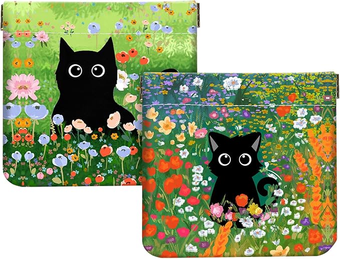 2Pcs PU Leather Small Squeeze Coin Purse Pouch Mini coin Bag Unique And Cute Wallet Cosmetic Bags Change Bag For Women Girls Men Cat in flower and grass