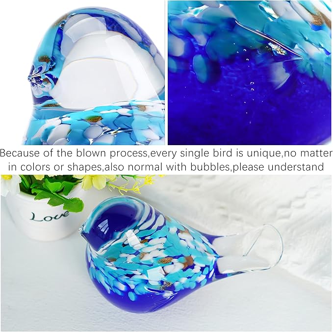 QFkris 6.5inch Blown Glass Blue Bird Figurine Collectibles Handmade Art Glass Animal Paperweight,Home Decoration Tabletop Centerpiece for Bird Lover