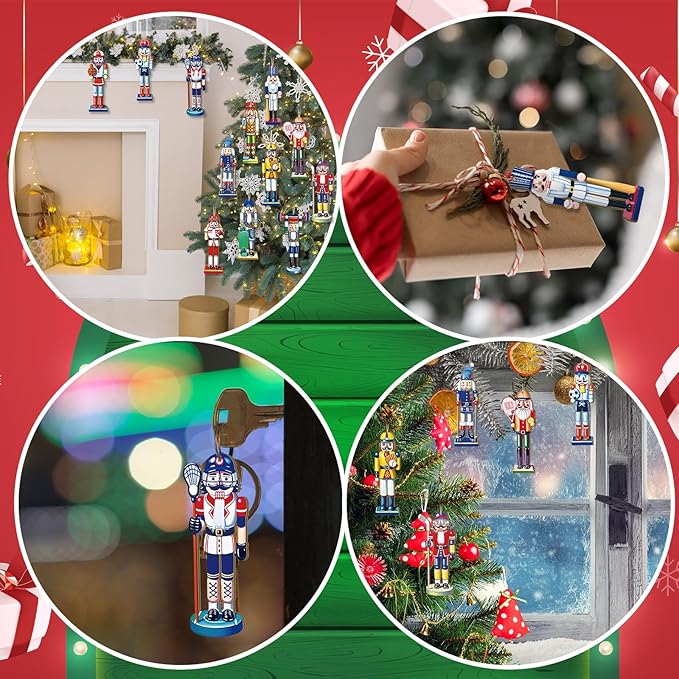 Yookeer 36 Pcs Sport Nutcracker Christmas Ornaments 4.9 Inch Hockey Ski Baseball Football Ball Xmas Wooden Ornaments with Rope Nutcracker Christmas Decorations for Xmas Tree Home Wreath Party Decor