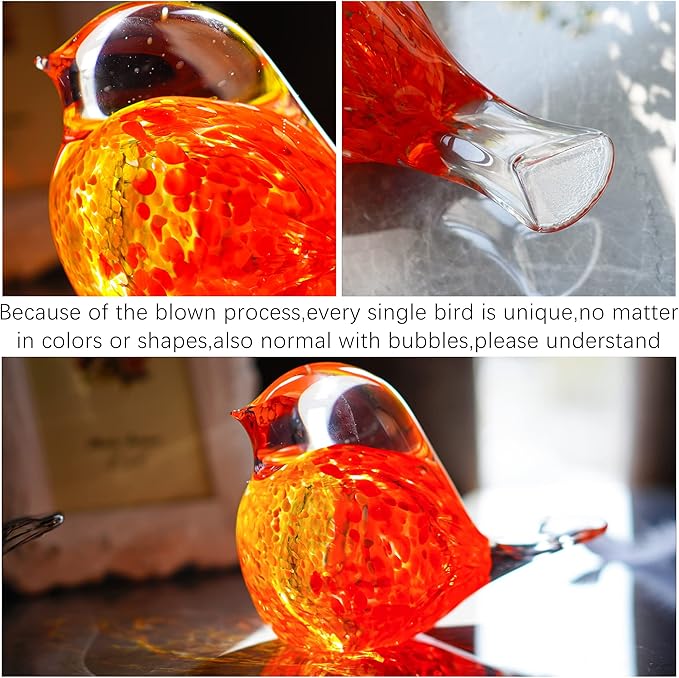 QFkris 7inch Blown Glass Bird Figurine Collectibles Handcrafted Bird Paper Weight Glass Art Animal Sculpture Home Decoration Tabletop Centerpiece