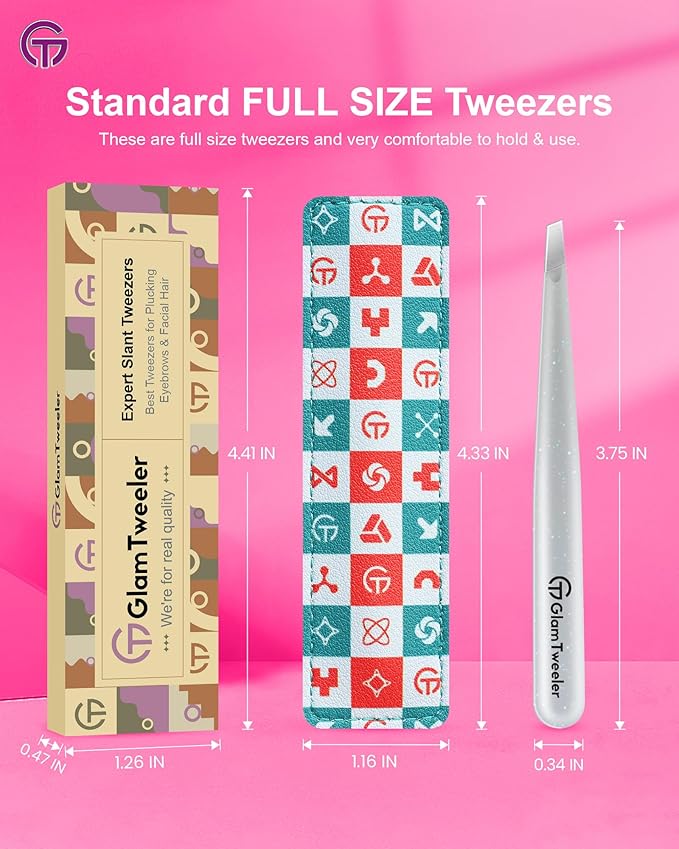 Expert Slant Tip Tweezers with Leather Case, GlamTweeler Sharp & Precision Stainless Steel Tweezer for Eyebrows, Facial Hair and Fine Hairs Removal (Sparkle Silver)