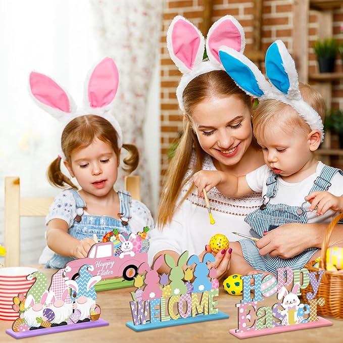Hoolerry 6 Pcs Easter Table Decorations Wooden Happy Easter Table Centerpieces Hello Spring Colorful Egg Bunny Tabletop Signs for Dinner Party Indoor Outdoor Decor