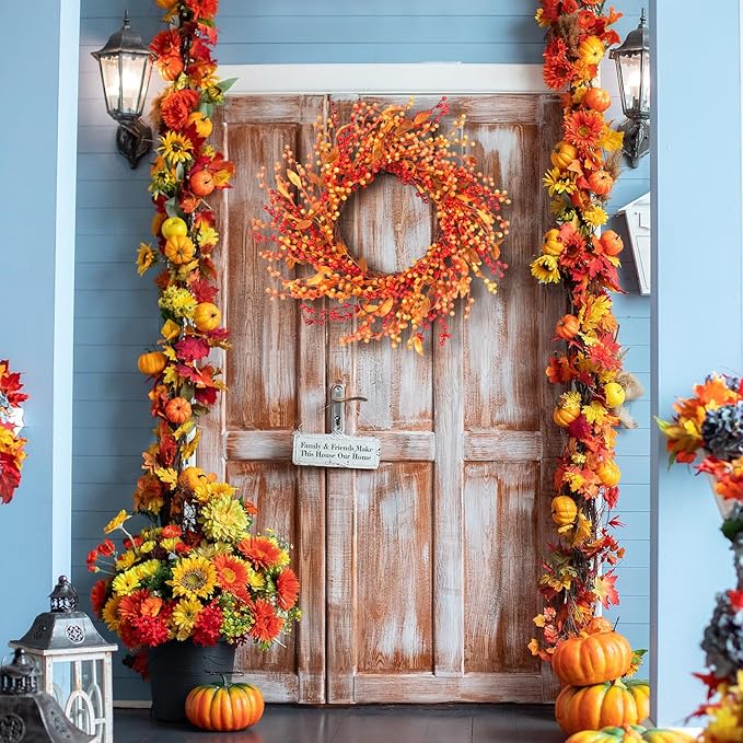 24 Inch Fall Front Foor Wreath, Orange Berries Leaves Grapevine Wreath for Farmhouse Window Hanging Home Decor