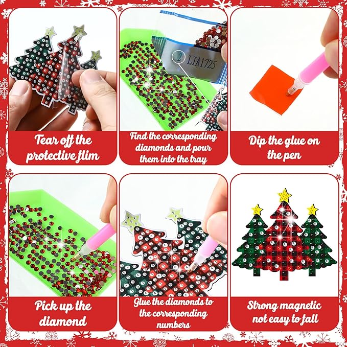30 Pcs Christmas Diamond Art Magnets Kits DIY Buffalo Plaid Diamond Art Fridge Magnetic Stickers Xmas Gem Magnets for Beginners Holiday Decor Home