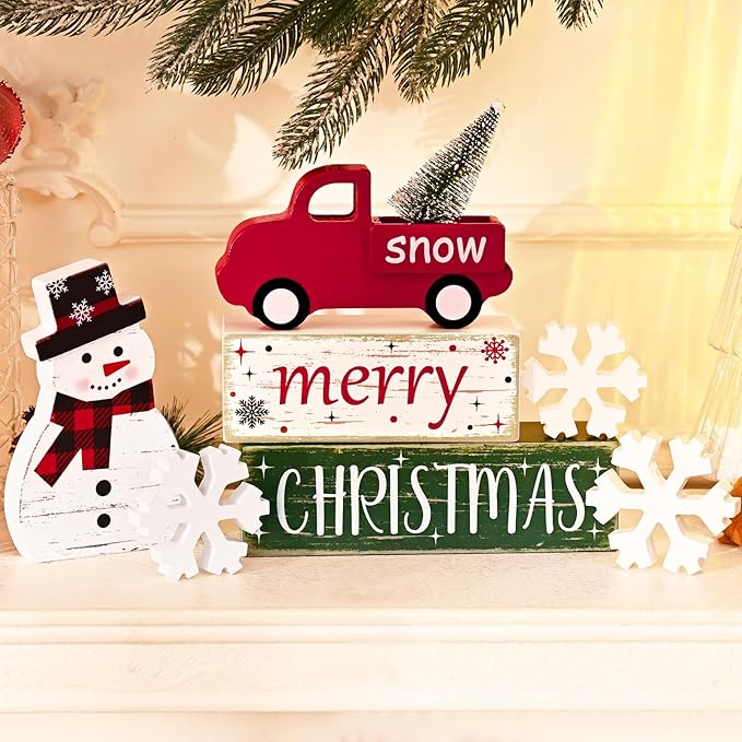 Yinhua Christmas Decorations Indoor, Christmas Table Decor, Red Truck Snowman Decorations with Xmas Tree & Snowflakes, Farmhouse Wooden Block Sign, Xmas Mantel Decor for Tiered Tray, Desk, Bookshelf