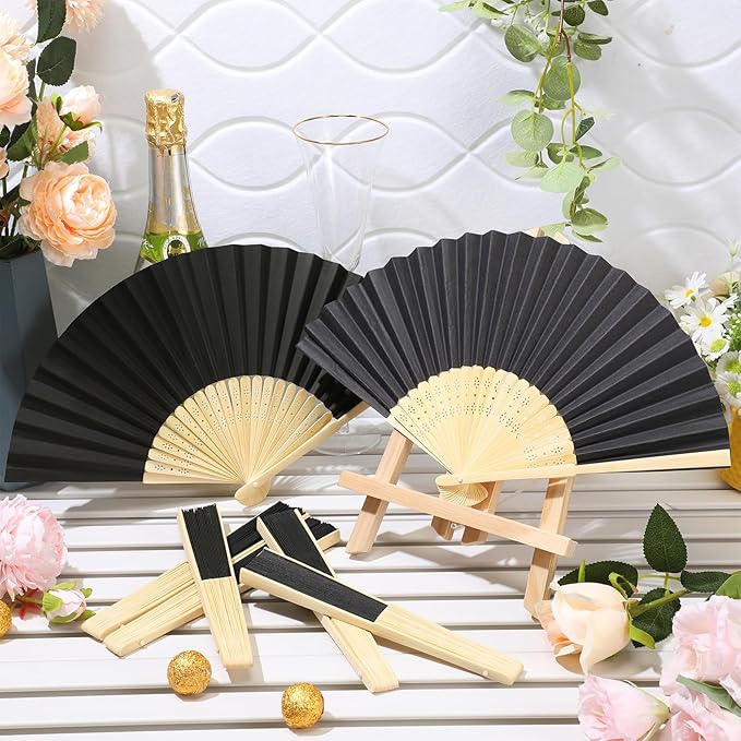 Yinkin 24 Pack Folding Fans Bamboo Handheld Folded Craft Hand Japanese Chinese Fans for Weddings Bridal Dancing Church DIY Decoration Women Gift Party Favors (Black)
