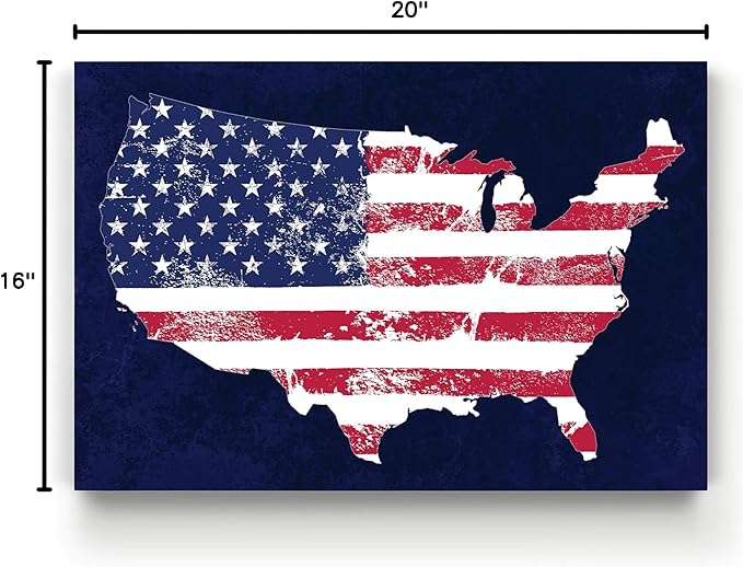 Renditions Gallery Nature Wall Art Paintings Window View Prints Vintage Faded American Flag Glam Patriotic Modern Blue American Map Decorations for Bedroom Office Kitchen - 16"x20" LT25