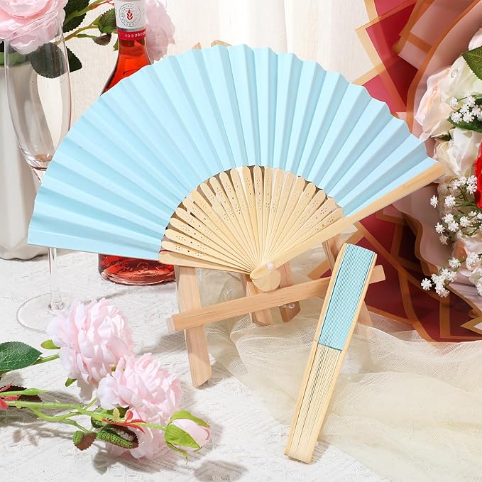 Yinkin 100 Pack Folding Fans Bamboo Handheld Folded Craft Hand Japanese Chinese Fans for Weddings Bridal Dancing Church DIY Decoration Women Gift Party Favors (Light Blue)