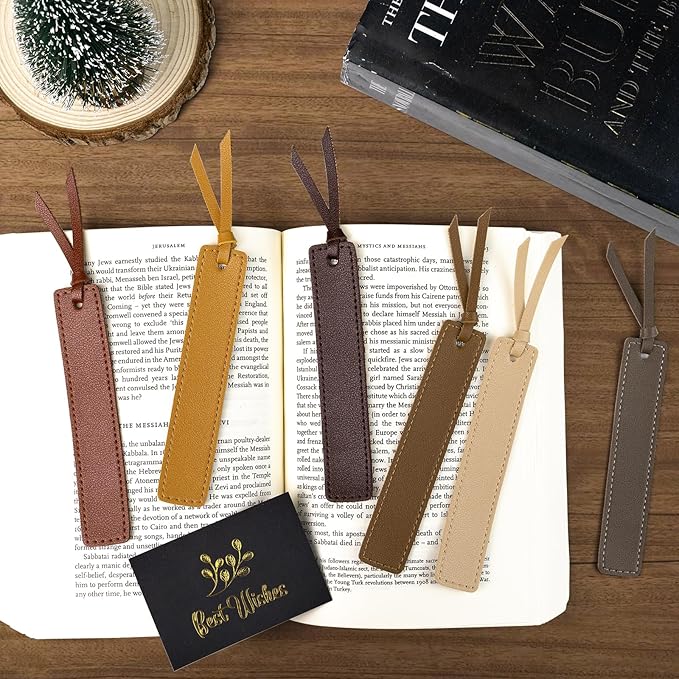 6 Pcs Leather Bookmark with Tassel, Classic Style Bookmark, 0.05 Inches Thin Handmade Stitched Bookmarks for Men, Book Marks for Reading, Gifts for Book Lovers, Readers (Light Retro)