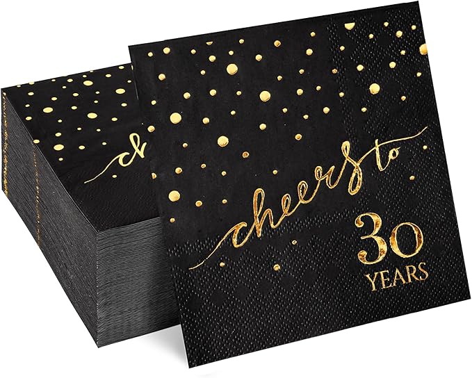100 Pack of 30th Birthday Napkins, Cheers to 30 Cocktail 5x5 Inches Party Paper Napkins for Birthday Decorations Wedding Anniversary Black and Gold, 3-Ply
