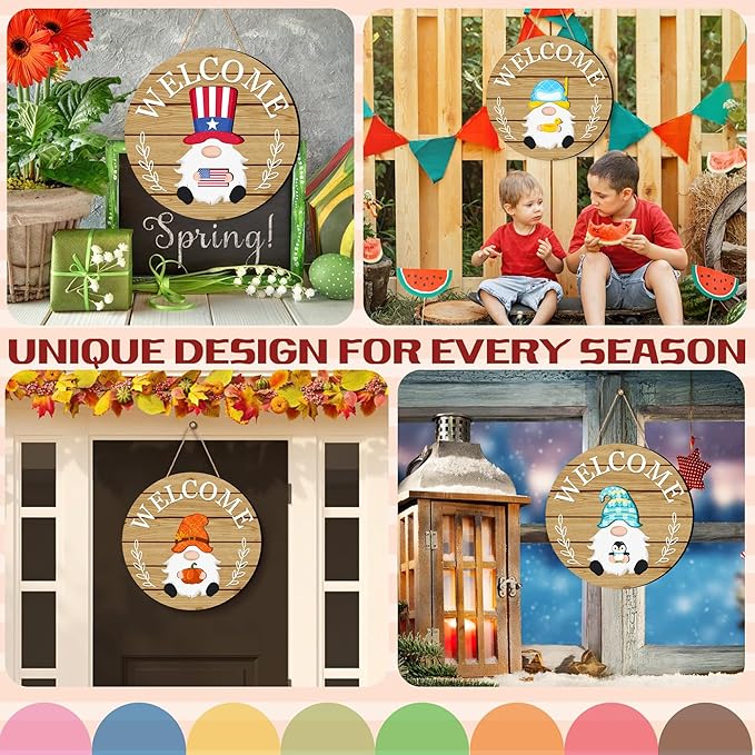 Veluckin Seasonal Gnome Wall Decor Set, 11.8 inch Autumn Wooden Round Sign with Interchangeable Holiday Hats, Thanksgiving Welcome Door Hanging (Light brown-3)