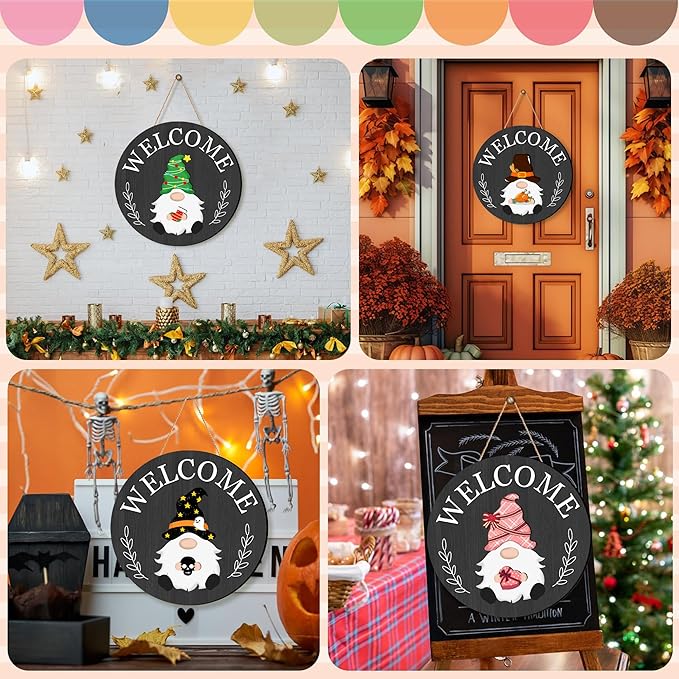 Veluckin Seasonal Gnome Wall Decor Set, 11.8 inch Thanksgiving Wooden Round Sign with Interchangeable Holiday Hats, Autumn Welcome Door Hanging (Black grey-3)