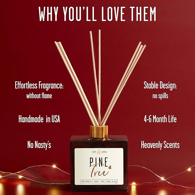 Pine Reed Diffuser, 'Pine Tree' - w/Balsam Fir, Cedar & Citrus I Infused w/Essential Oils I Christmas Diffuser Decor I 3.75 OZ Oil I Long-Lasting Scent Lasts 4-6 Month's I Made in The USA