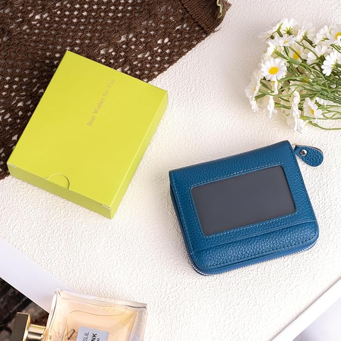 Small Wallet for Women, Genuine Leather RFID Blocking Credit Card Holder Slim Compact Coin Purse Women's Wallets with ID Window 8 Card Slots