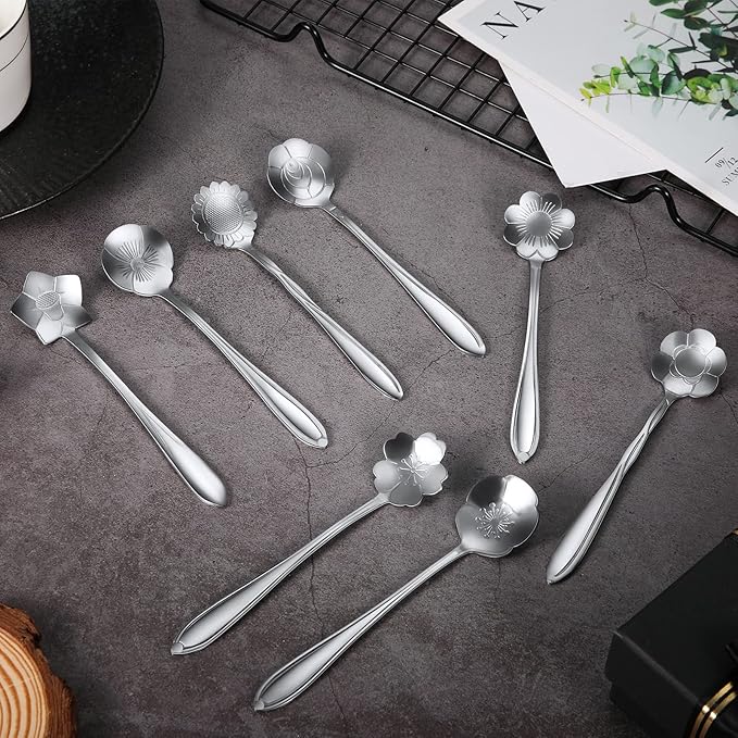 Eboot 80 Pcs Silver Flower Teaspoon Stainless Steel Tea Party Spoons Mini Cute Teaspoon for Stirring Coffee Sugar Drink Demitasse Kitchen Bar Tableware Party Favors Decorations