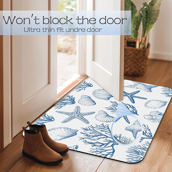 Vintage Starfish Bathroom Rug 29.5"x17", Shells Quick-Drying Super Absorbent Diatomite Bath Mat with Non-Slip Backing, Thin Washable Bathroom Floor Mat Fits Under Door for Shower, Sink, or Tub