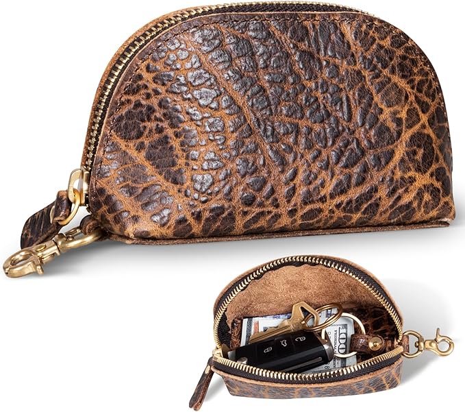 Gexmil Genuine Leather Coin Purse with Zipper, Full Grain Leather, Mini Coin Pouch for Women Men, Change Wallet,Giant Pebble Brown
