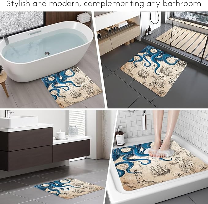 Bathtub Mat Non Slip, Octopus Square Bath tub Mat Shower Floor Mat with Suction Cups for Adults Kids Elderly 21 X 21 Inch